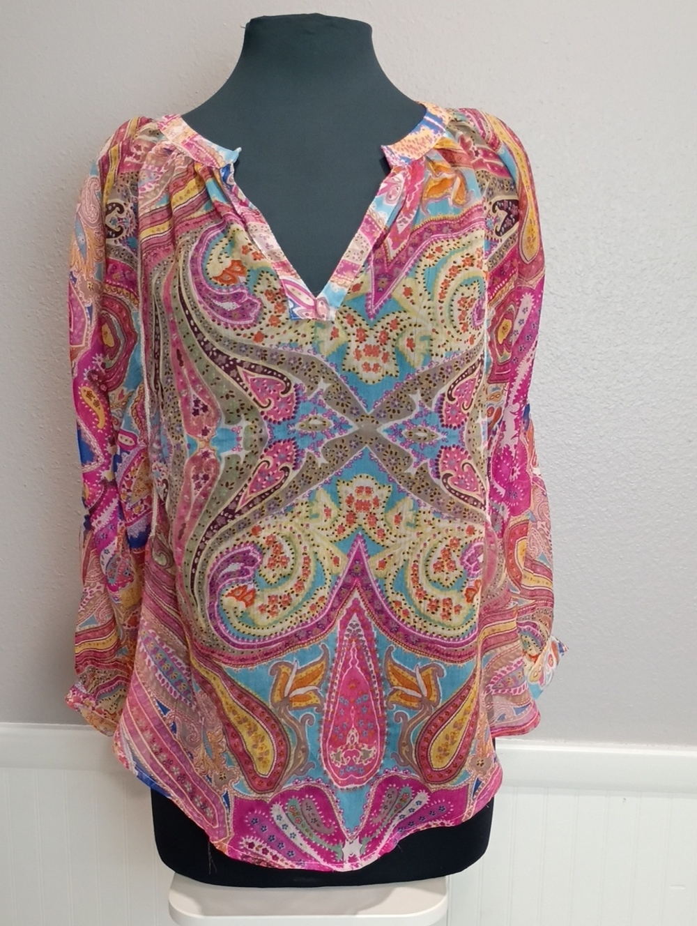 Paisley Sheer V-Neck Blouse - Pink Multi